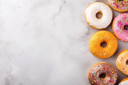 Colorful donuts on concrete background. Top view with copy spaceの素材