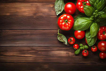 Fresh tomatoes and basil leaves on wooden table. Top view with copy spaceの素材
