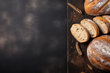 Assortment of baked bread on dark background. Top view with copy spaceの素材