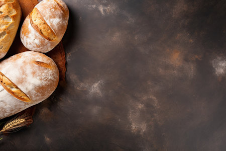 Freshly baked bread on a dark background. Top view with copy space.の素材