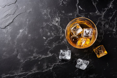 Whiskey with ice cubes on black marble background, top viewの素材