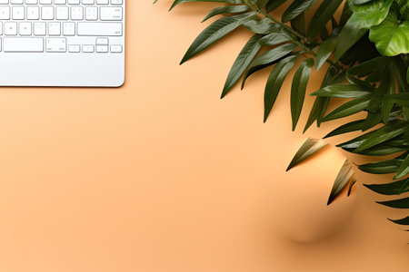 Computer keyboard with green plant on orange background. Flat lay, top viewの素材