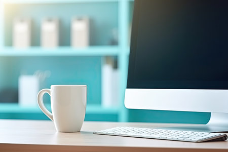 Coffee cup and computer on table in office. Workplace conceptの素材