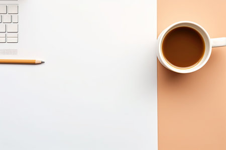 White office desk table with laptop, coffee cup and pencil. Top view with copy spaceの素材