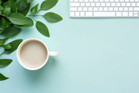 Coffee cup with keyboard and green leaves on blue background.の素材