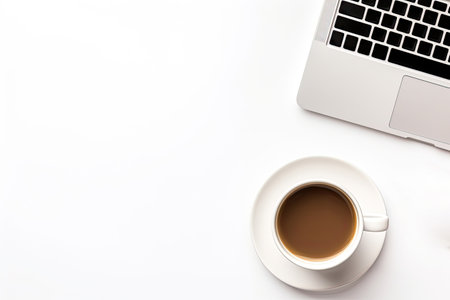 White office desk table with laptop and coffee cup. Top view with copy space, flat lay.の素材