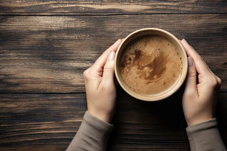 Female hands holding a cup of coffee on wooden background. Top viewの素材