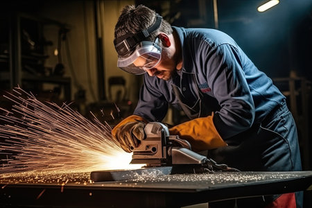 Industrial worker cutting metal with electric grinder. Sparks while grinding ironの素材