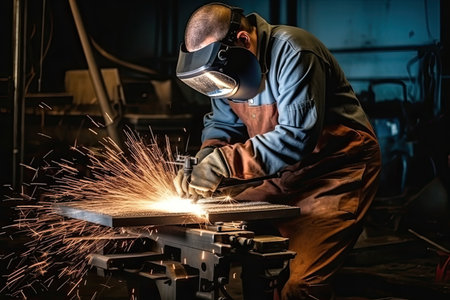 Male welder in protective mask working with arc welding machine in factoryの素材
