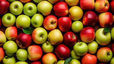 background of red and green apples with leaves, top view, flat layの素材