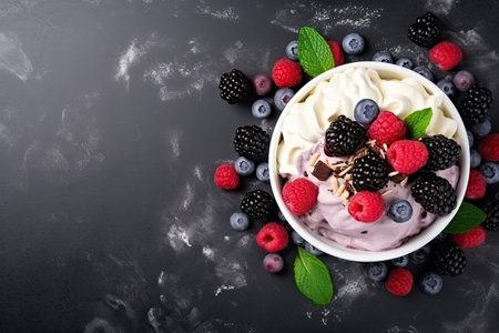 Ice cream with berries in a bowl on a black background. Top view, copy space.の素材
