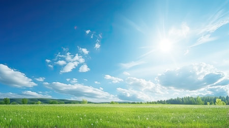 Beautiful summer landscape with green meadow and blue sky with cloudsの素材