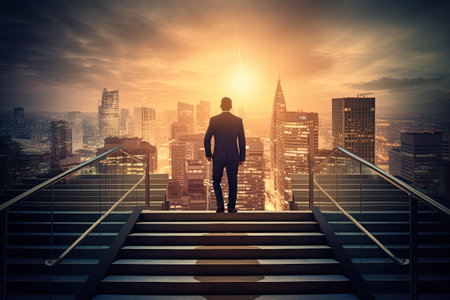 Back view of businessman standing on stairs and looking at city at sunsetの素材