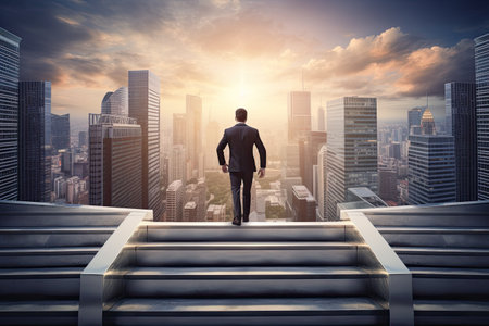 Rear view of confident businessman standing on stairs with cityscape backgroundの素材