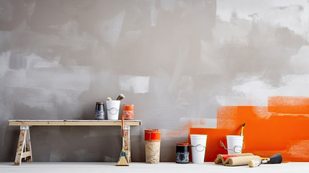 Painting tools on a table in a room with orange wall and ladderの素材