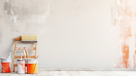 3d rendering of painting tools in a room with white wall.の素材