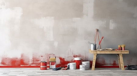 3D rendering of an empty room with paint cans and tools.の素材