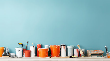 Variety of painting tools on a blue wall background with copy spaceの素材