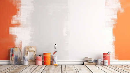 Interior of modern empty room with painting tools. 3D renderingの素材