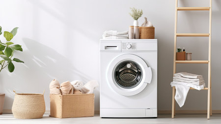 Laundry room interior with modern washing machine and baskets with towelsの素材
