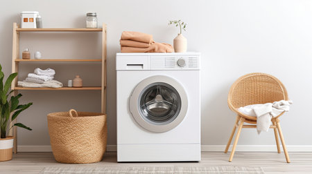 Laundry room interior with washing machine and wicker basket on floorの素材