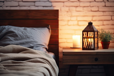 Lantern on a wooden table in a bedroom with a white brick wallの素材