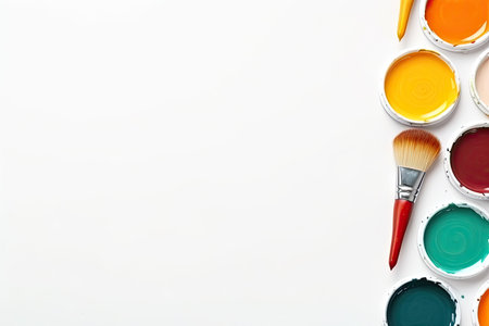 Paintbrushes and paint can on white background, top viewの素材