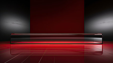 Empty glass podium in dark room with red and black background. 3D renderingの素材