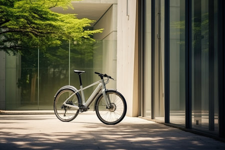 Bicycle in front of modern office building,shallow DOFの素材