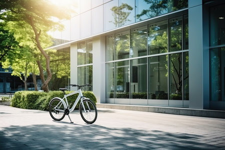 Bicycle parked in front of modern office building with glass wall.の素材