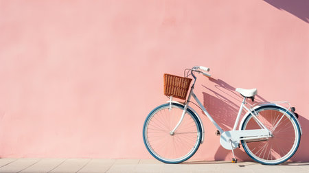 Bicycle with basket on pink wall background. Copy space for textの素材