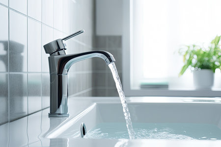 Modern faucet with running water in modern bathroom interior, closeupの素材