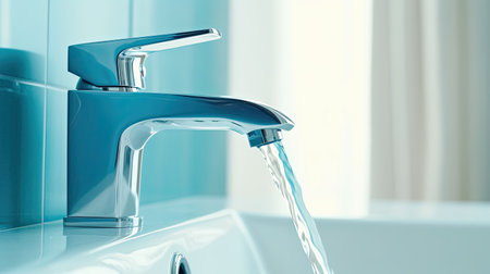 Faucet with flowing water in the bathroom. 3d renderingの素材