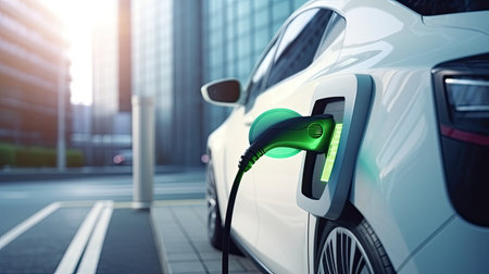 Electric car being charged at a charging station. 3d rendering.の素材
