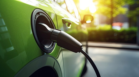 EV charging station for electric car in concept of green energy produced from sustainable source to supply to charger station in order to reduce CO2 emission.の素材