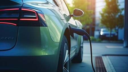 Electric car charging in the city. Power supply for electric cars. Renewable eco technologies.の素材