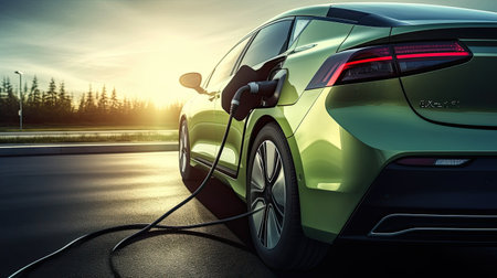 Electric car charging on the road at sunset. 3d rendering.の素材