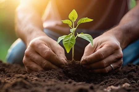 Close up of man hands planting a young plant in fertile soil.の素材