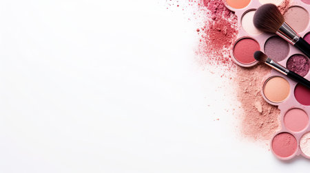 Makeup brushes and cosmetics on white background. Top view with copy spaceの素材