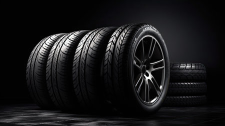 Car tires on black background. 3d illustration. 3d renderingの素材