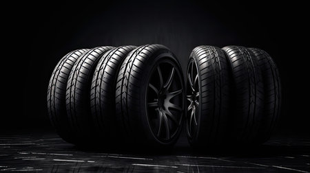 Car tires on a black background. 3d illustration. 3d renderingの素材