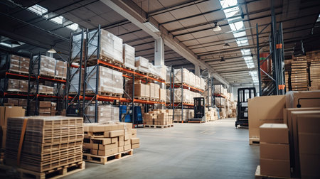 Warehouse interior with rows of pallets and racks. Industrial backgroundの素材