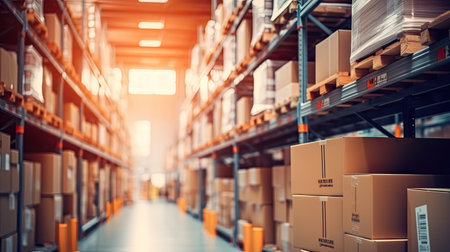 Warehouse or storehouse with rows of boxes on shelves. Industrial background.の素材