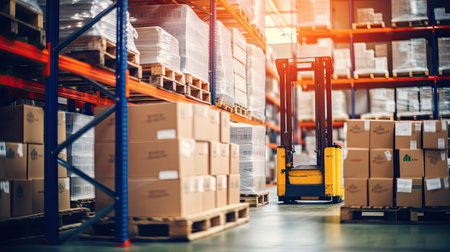 Forklift in warehouse. Forklift with parcels on shelves in warehouse.の素材