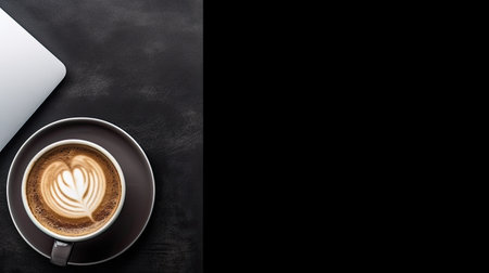 Top view of a cup of coffee with latte art on black background.の素材