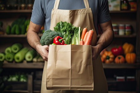 Man holding a paper bag full of fresh vegetables in a grocery storeの素材