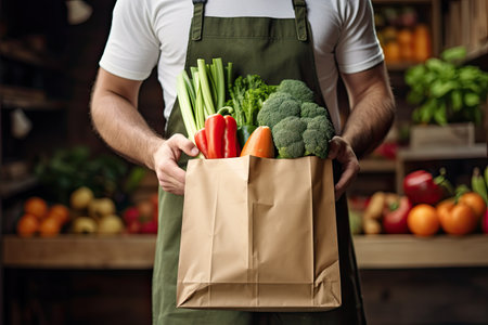 Man in apron holding paper bag with vegetables in his hands.の素材