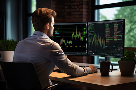 Side view of young businessman sitting at desk and looking at computer monitor with stock market data on screenの素材