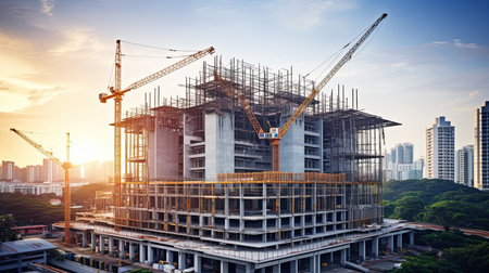 Construction site with cranes and building under construction. 3d renderingの素材