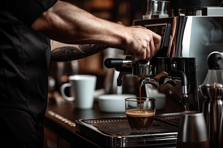 Close-up of barista pouring coffee from coffee machine into cupの素材
